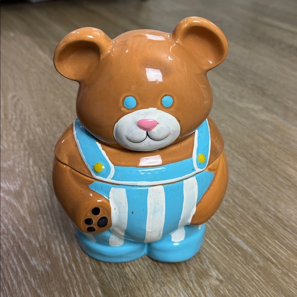 Vintage Teddy Bear Blue Striped Overalls Ceramic Cookie Jar Cottage Core - Picture 2 of 10